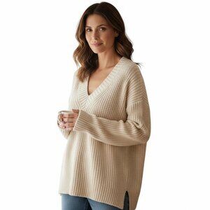 Acne Studios 100% Wool Ribbed V-Neck Sweater Beige Knit - Size XS